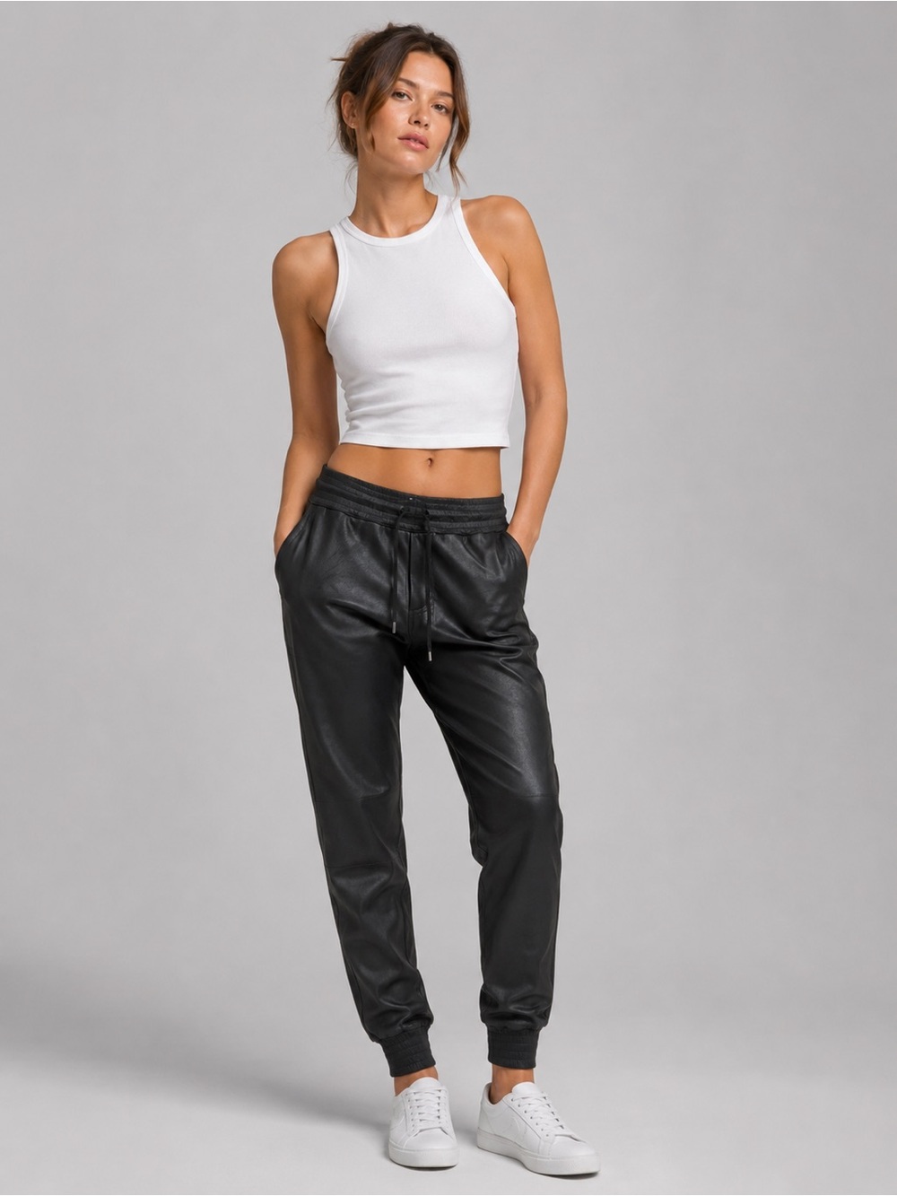 Black Leather Jogger Pants - Athleisure Casual Styling